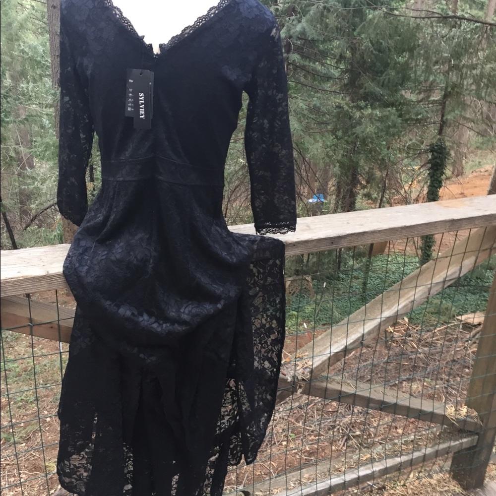Sylvite elegant stretchy lace flowy prom  long sleeve black formal maxi dress - Picture 12 of 12